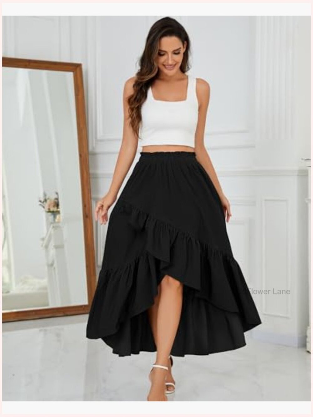 Western Boho Ruffle Maxi Skirt Asymmetrical High Low Flowy Midi - Picture 3 of 7